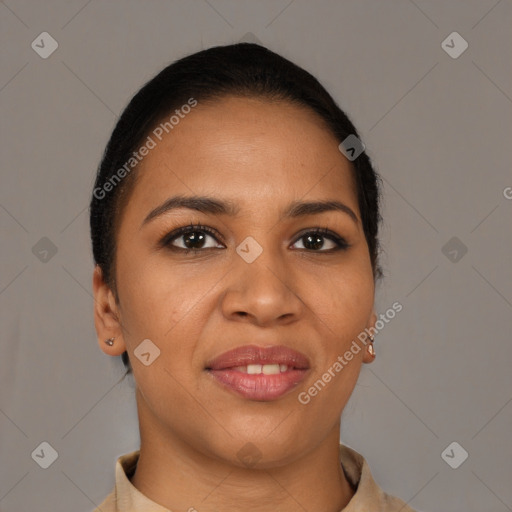 Joyful latino young-adult female with short  brown hair and brown eyes