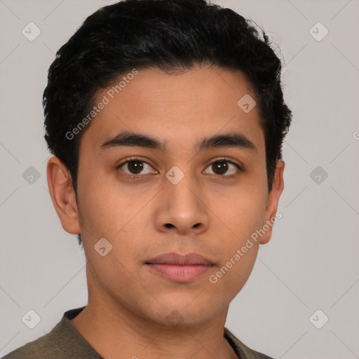 Neutral latino young-adult male with short  brown hair and brown eyes