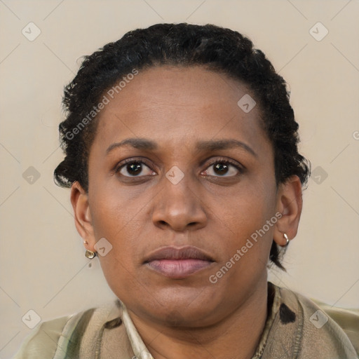 Neutral latino young-adult female with short  brown hair and brown eyes