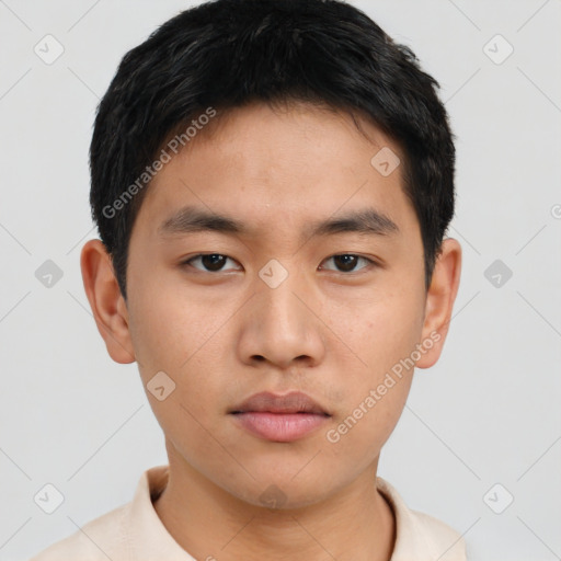 Neutral asian young-adult male with short  brown hair and brown eyes