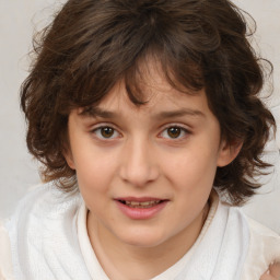 Joyful white child female with medium  brown hair and brown eyes