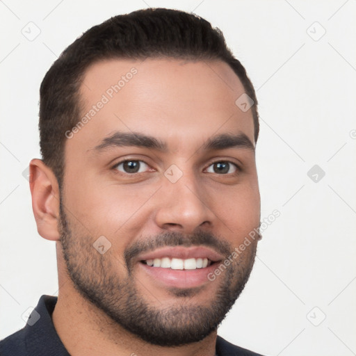 Joyful white young-adult male with short  brown hair and brown eyes