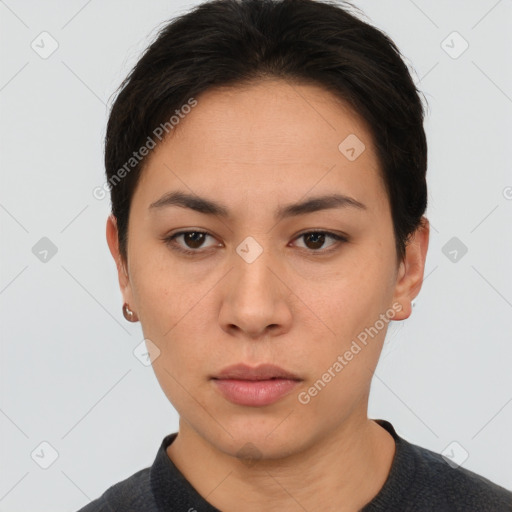 Neutral asian young-adult female with short  brown hair and brown eyes