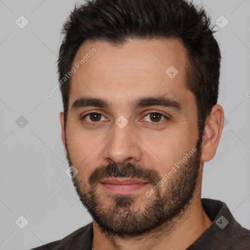 Neutral white young-adult male with short  brown hair and brown eyes