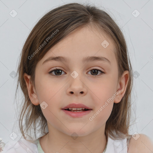 Joyful white child female with medium  brown hair and brown eyes