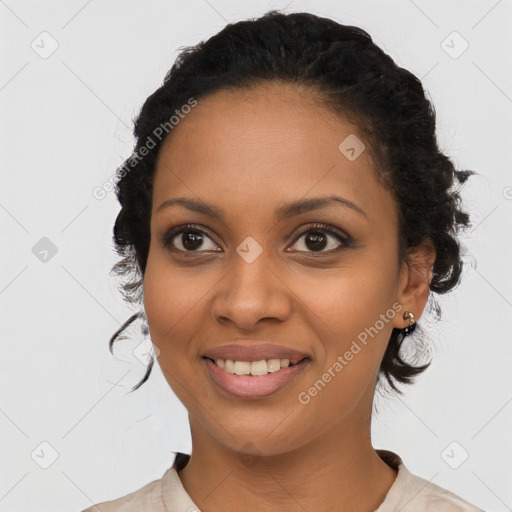 Joyful latino young-adult female with medium  black hair and brown eyes