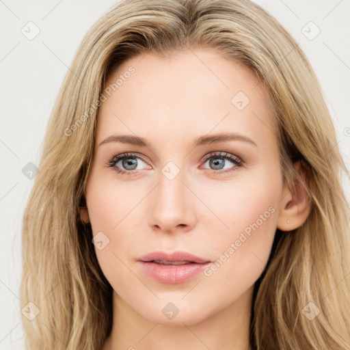 Neutral white young-adult female with long  brown hair and blue eyes