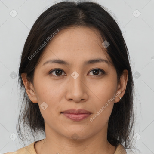 Joyful white young-adult female with medium  brown hair and brown eyes