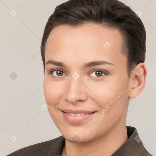 Joyful white young-adult female with short  brown hair and brown eyes