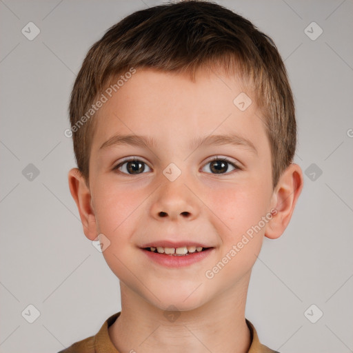 Joyful white child male with short  brown hair and brown eyes