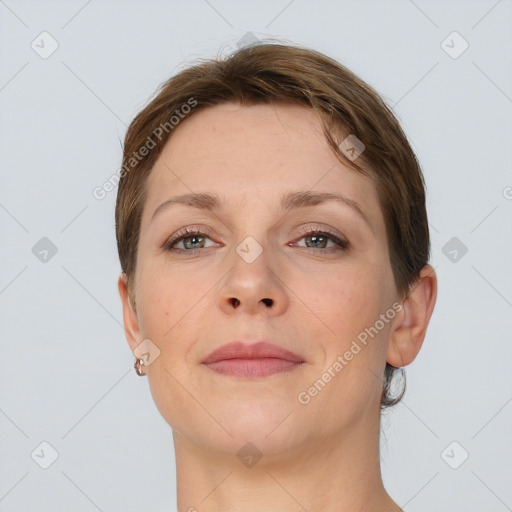 Neutral white young-adult female with short  brown hair and brown eyes