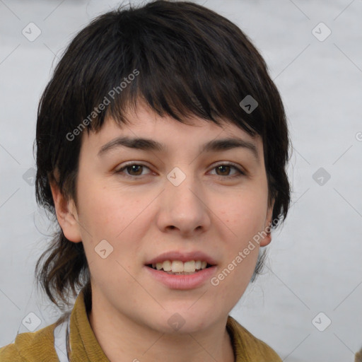 Joyful white young-adult female with medium  brown hair and brown eyes