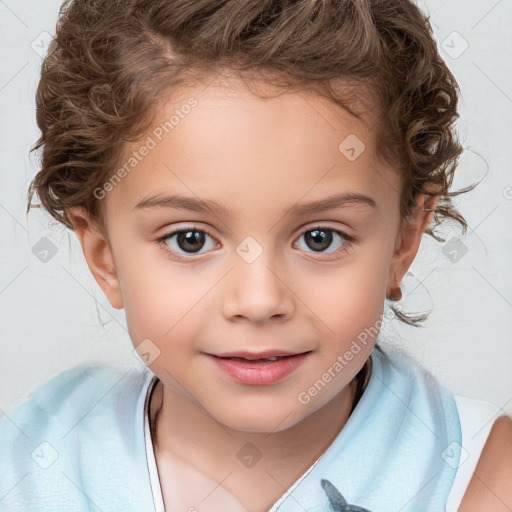 Joyful white child female with short  brown hair and brown eyes