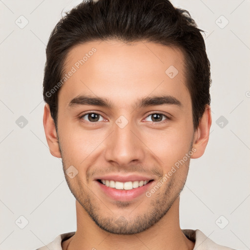 Joyful white young-adult male with short  brown hair and brown eyes