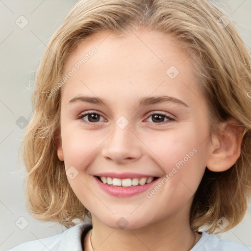 Joyful white child female with medium  brown hair and brown eyes