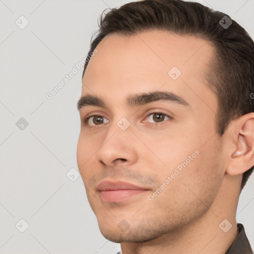 Neutral white young-adult male with short  brown hair and brown eyes