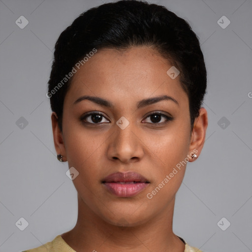 Joyful latino young-adult female with short  brown hair and brown eyes