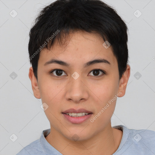 Joyful asian young-adult female with short  brown hair and brown eyes