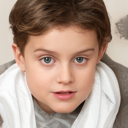 Joyful white child female with medium  brown hair and blue eyes