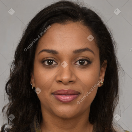 Joyful latino young-adult female with long  brown hair and brown eyes