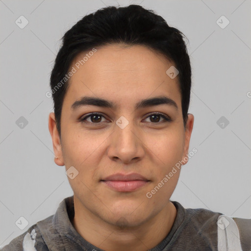 Joyful latino young-adult male with short  black hair and brown eyes