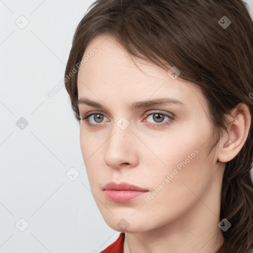 Neutral white young-adult female with medium  brown hair and grey eyes