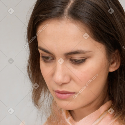 Neutral white young-adult female with medium  brown hair and brown eyes