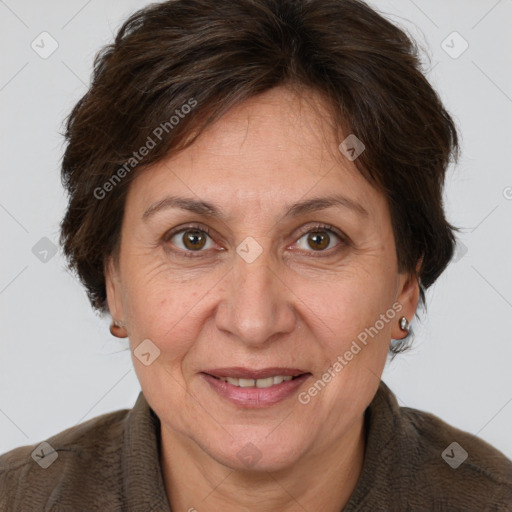 Joyful white adult female with short  brown hair and brown eyes