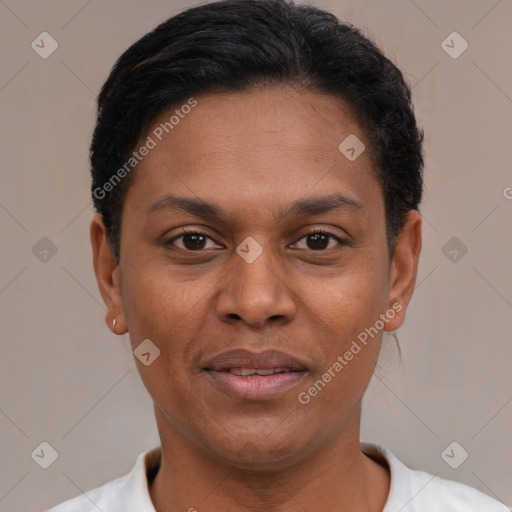 Joyful latino young-adult female with short  black hair and brown eyes