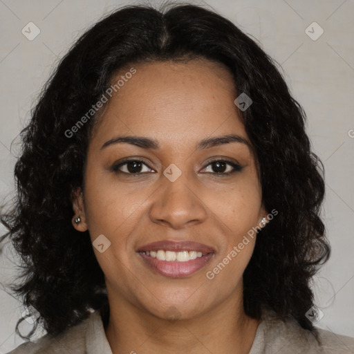 Joyful black young-adult female with medium  brown hair and brown eyes