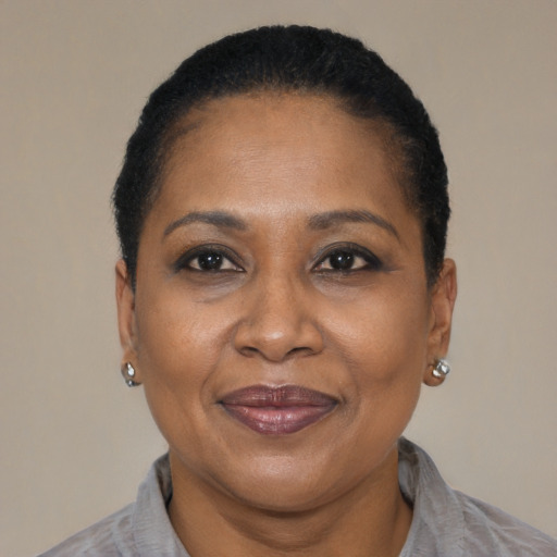 Joyful black adult female with short  brown hair and brown eyes