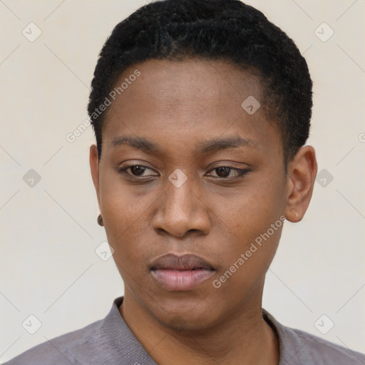 Neutral black young-adult female with short  black hair and brown eyes