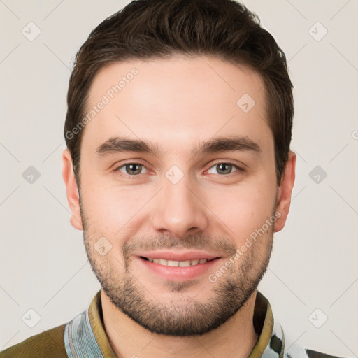 Joyful white young-adult male with short  brown hair and brown eyes