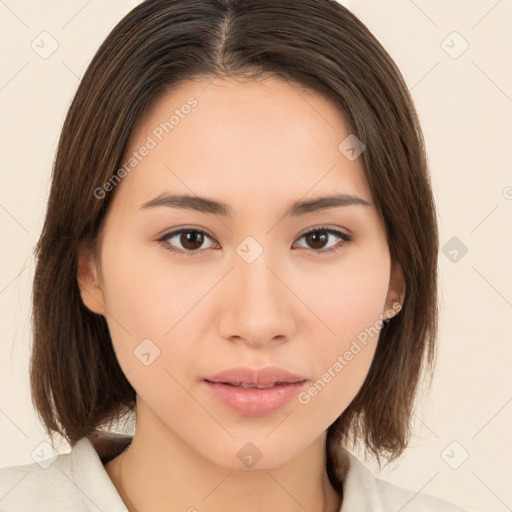 Neutral white young-adult female with medium  brown hair and brown eyes