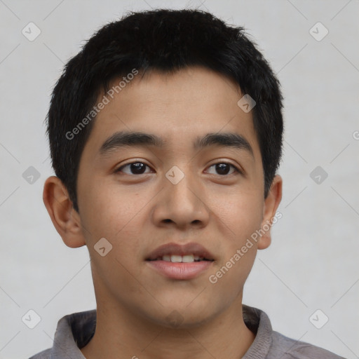 Neutral asian young-adult male with short  black hair and brown eyes