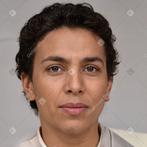 Joyful white adult female with short  brown hair and brown eyes