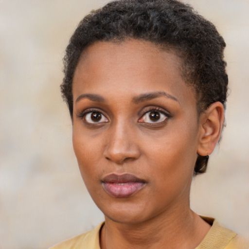 Neutral black young-adult female with short  brown hair and brown eyes