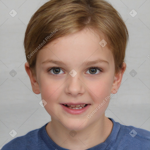 Joyful white child female with short  brown hair and grey eyes