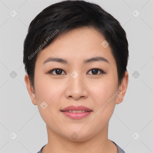 Joyful asian young-adult female with short  black hair and brown eyes