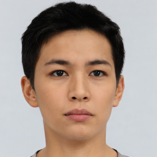 Neutral asian young-adult male with short  brown hair and brown eyes