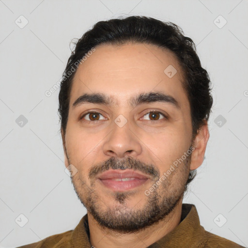 Neutral latino young-adult male with short  black hair and brown eyes