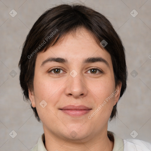 Joyful white young-adult female with medium  brown hair and brown eyes