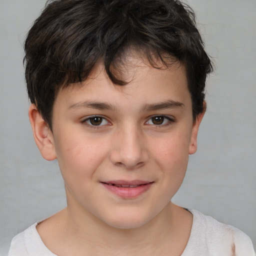 Joyful white child female with short  brown hair and brown eyes