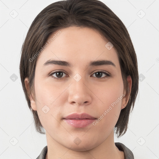 Neutral white young-adult female with medium  brown hair and brown eyes