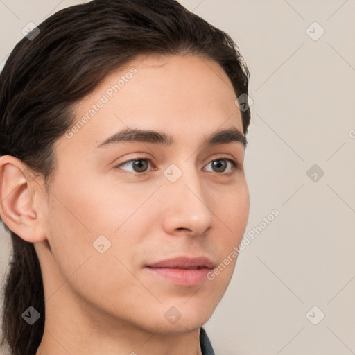 Neutral white young-adult male with long  brown hair and brown eyes