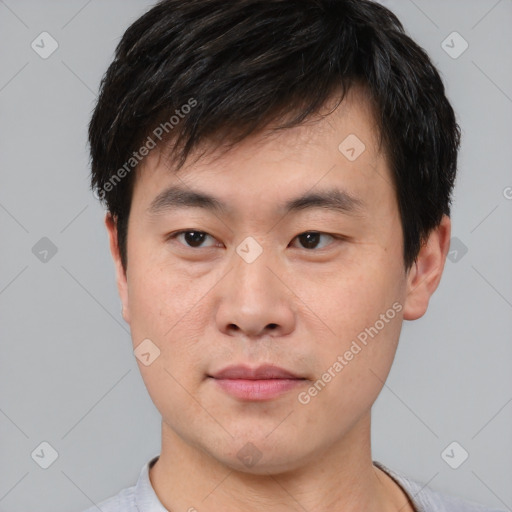 Neutral asian young-adult male with short  black hair and brown eyes