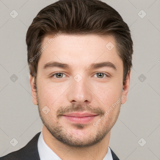 Neutral white young-adult male with short  brown hair and grey eyes