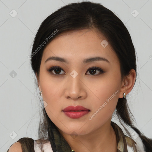 Neutral asian young-adult female with medium  black hair and brown eyes