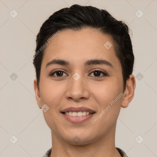 Joyful white young-adult female with short  brown hair and brown eyes