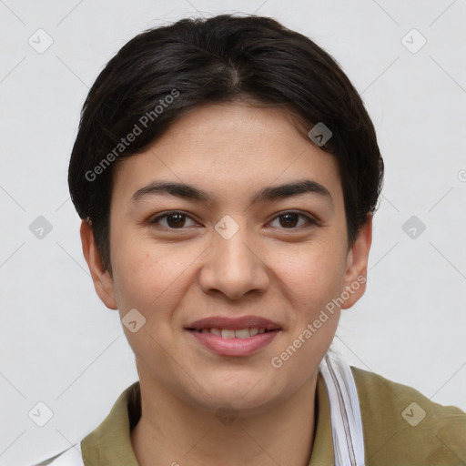 Joyful asian young-adult female with short  brown hair and brown eyes